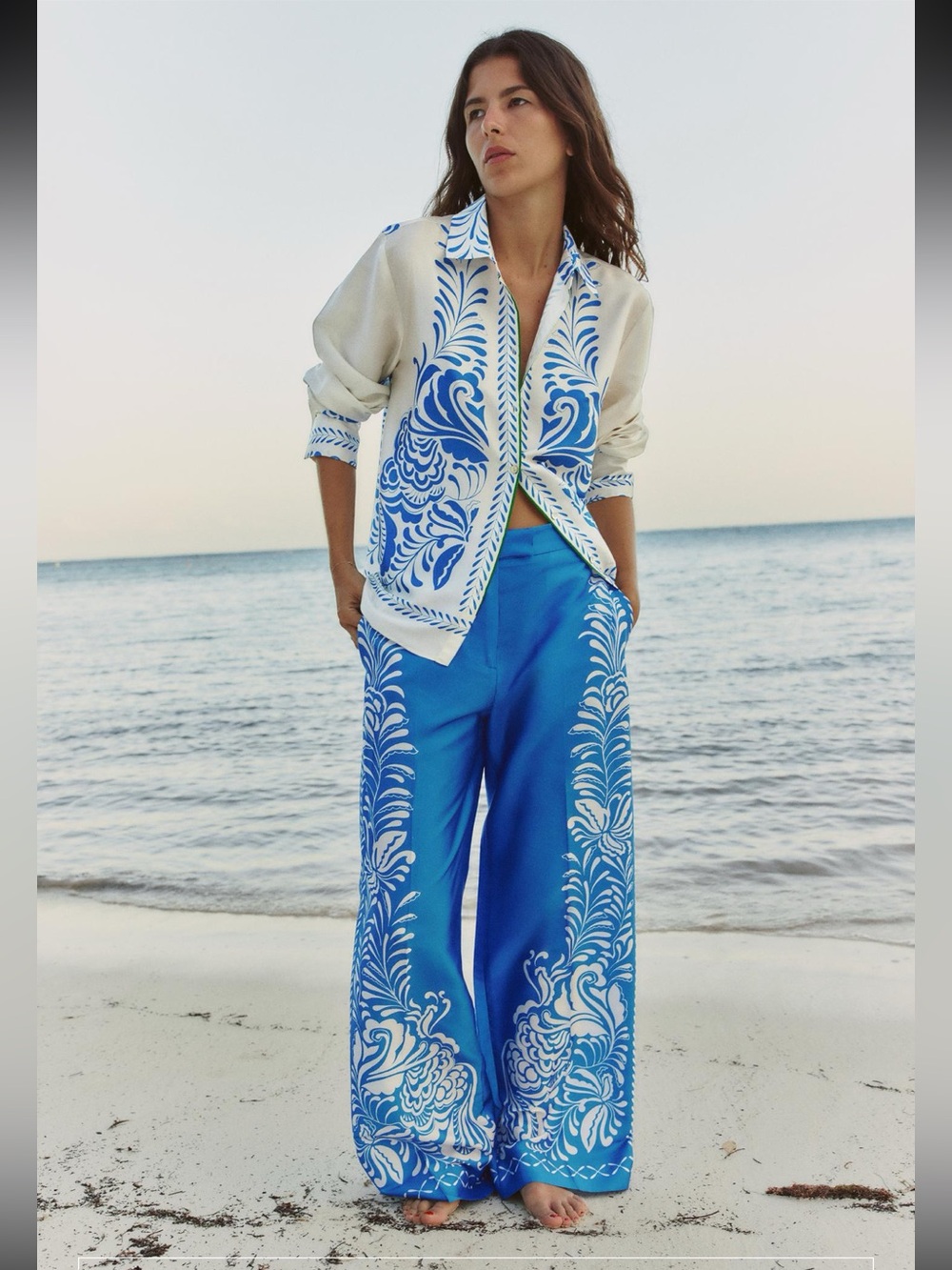 Zara Blue & White Printed Wide-Leg Pants & Blouse Set